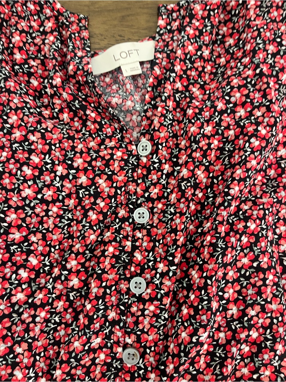 LOFT Black and Pink Floral Dress With Adjustable Ties and Buttons Flowy Large - Picture 7 of 9